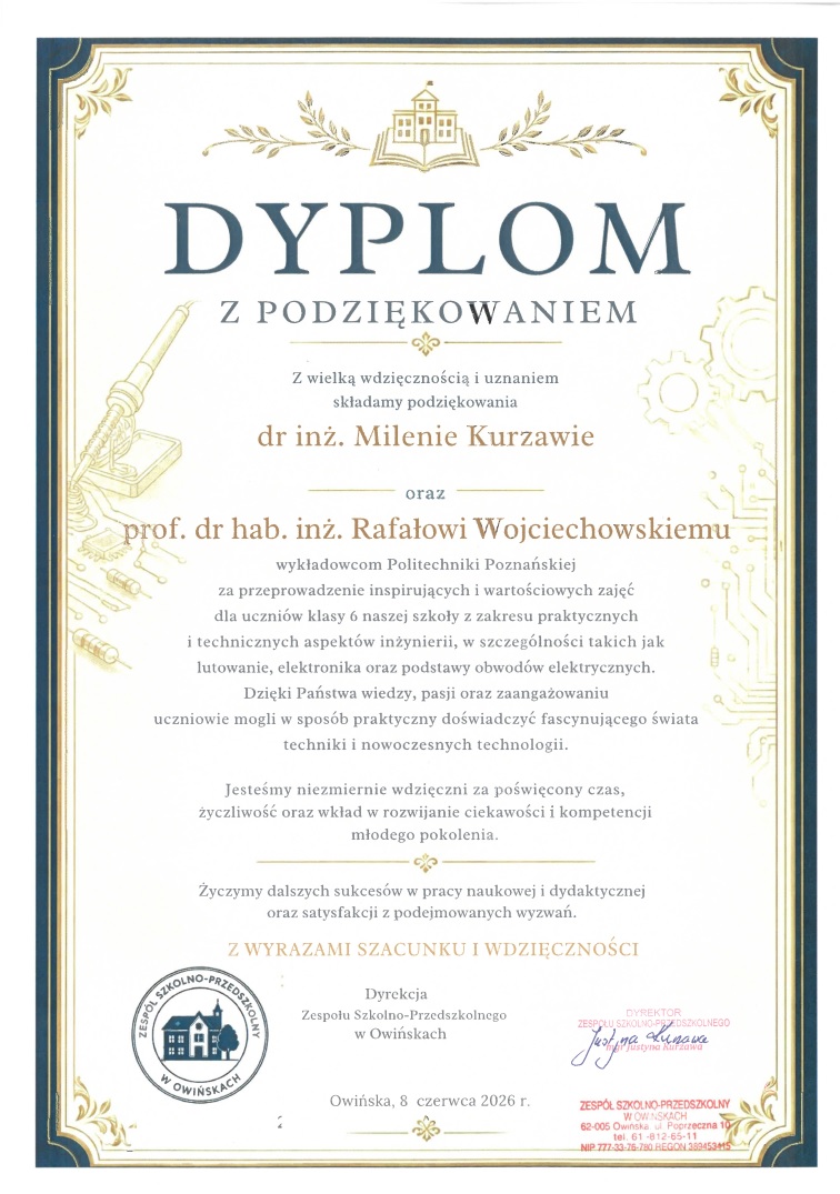 Relacja z warsztatów zorganizowanych przez pracowników IEEP - dyplom z podziękowaniami