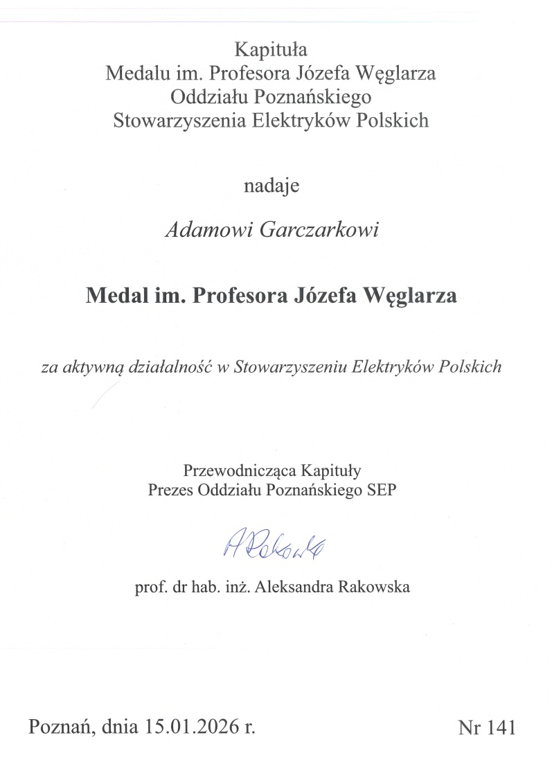 Wyróżnienie mgr. inż. Adama Garczarka
