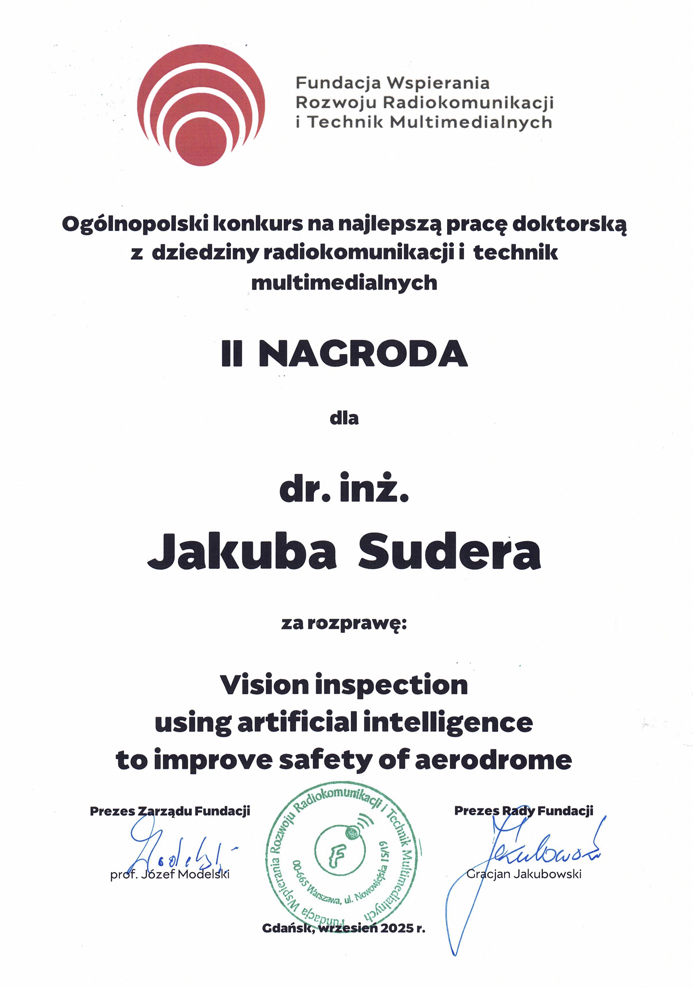 Dyplom dr. inż. Jakuba Sudera