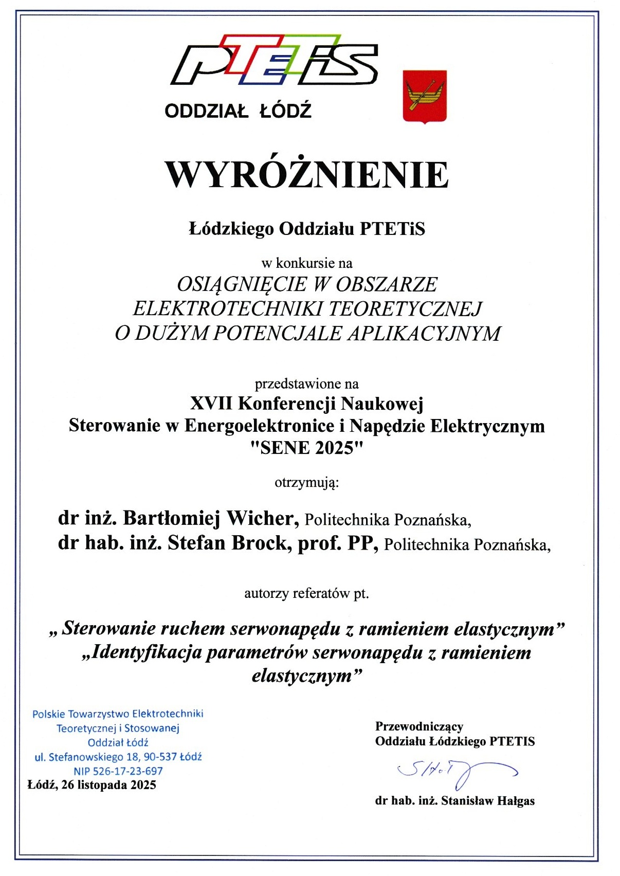 dyplom dr. Bartłomieja Wichra i prof. Stefana Brocka