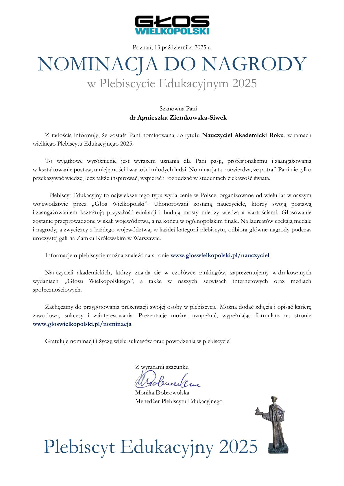 dr Agnieszka Ziemkowska-Siwek - nominacja