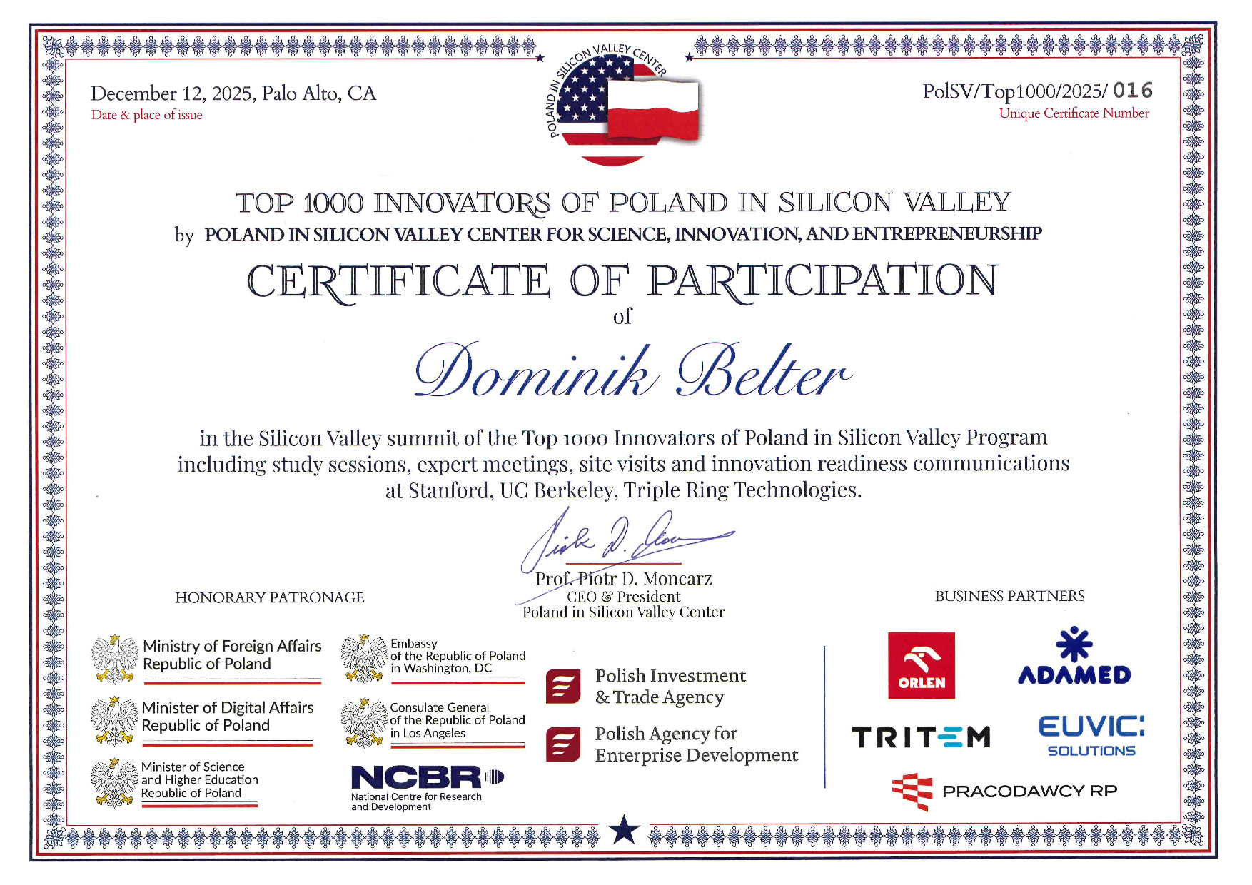 Certyfikat - Dominik Belter
